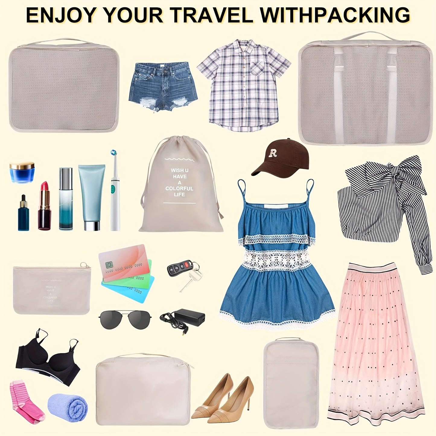 8pcs Suitcase Packing Box, Travel Luggage Packing Organizer With Laundry Bag, Compression Storage Shoe Bag, Clothing Lingerie Bag, Suitable For Both Men And Women - A Must-have Product For Going Out And Preventing Your Clothes From Getting Messy!