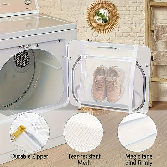 Durable Zipper Sports Shoes Storage Bag - Tear-Resistant Mesh Laundry & Drying Bag with Elastic Belt for Washing Machine, Home & Commercial Use, Clear Front Panel | Sturdy Construction, Clothes Organizer Storage